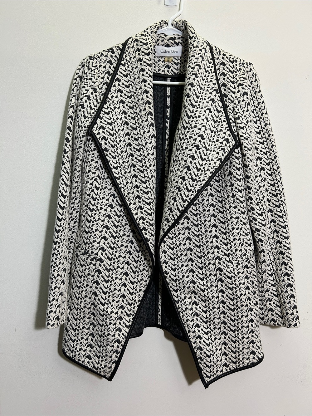 Calvin Klein Black & White Textured Open Front Jacket